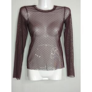 Wilfred Free Maroon Mesh Swiss Dot Long Sleeve Sheer Top Women's XXS PinUp Retro